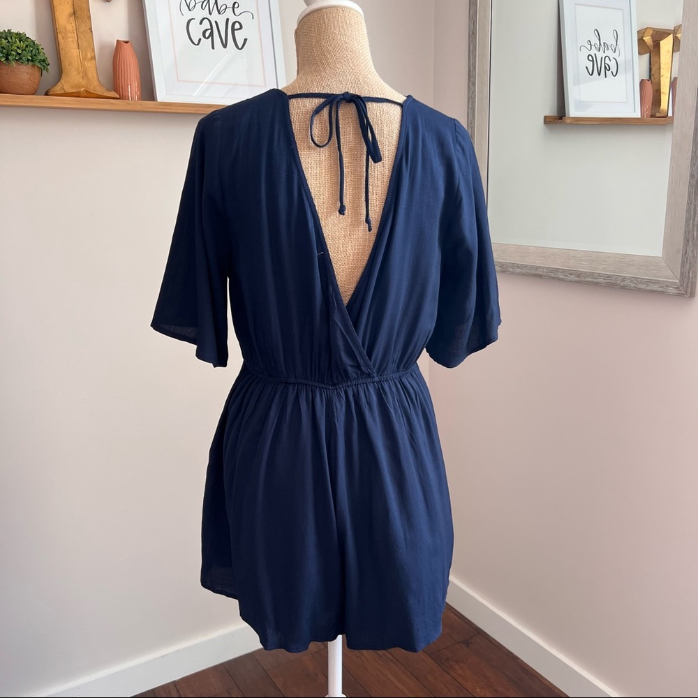 Navy Blue Button Surplice Open Back Romper - Picture 6 of 11
